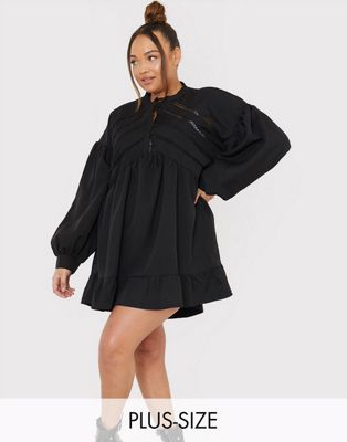 Robes In The Style Plus x Lorna Luxe - Robe courte babydoll boutonnée avec manches volumineuses - Noir