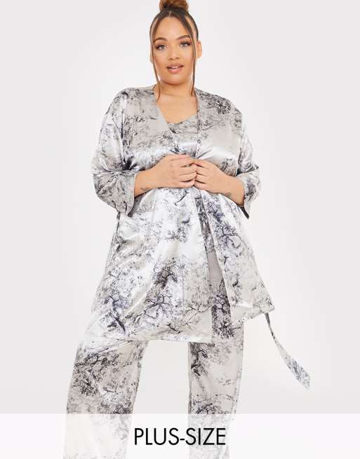 In The Style Plus x Lorna Luxe - Robe de chambre en satin avec ceinture et liserés contrastés - Bleu marine multicolore