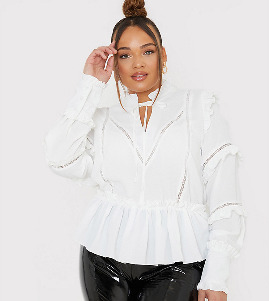 In The Style Plus x Lorna Luxe ruffle trim blouse in white