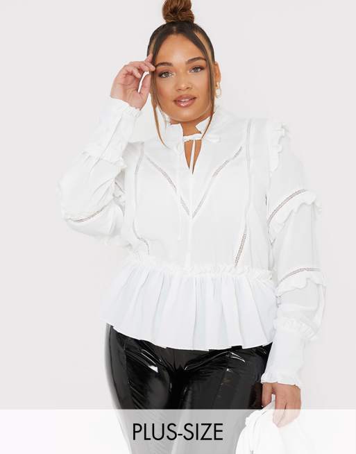 In The Style Plus x Lorna Luxe ruffle trim blouse in white