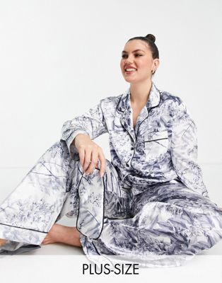 In The Style Plus x Lorna Luxe satin 3 piece nightwear trouser set in winter floral print