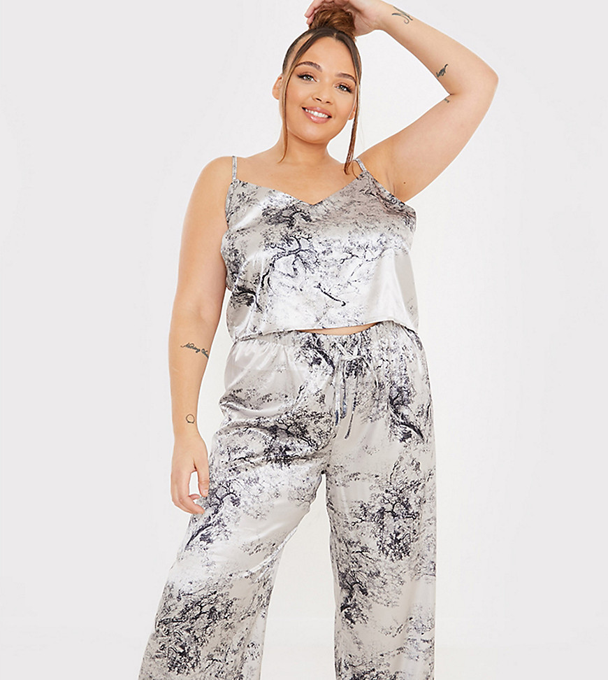 In The Style Plus x Lorna Luxe satin contrast trim pajama cami and pants set in navy multi