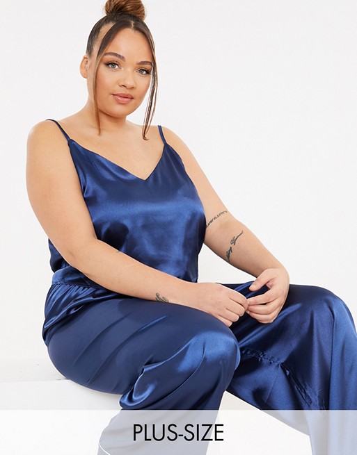 In The Style Plus x Lorna Luxe satin contrast trim pyjama cami and wide leg trouser set in navy