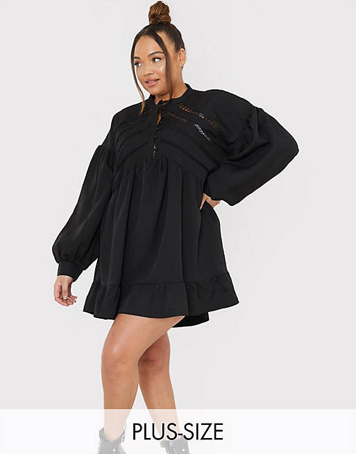 In The Style Plus – x Lorna Luxe – Svart kort smockklänning med volymärm och knäppning
