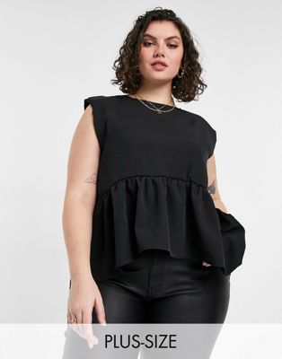 Chemises et blouses In The Style Plus x Lorna Luxe - Top smocké à épaules fantaisie - Noir