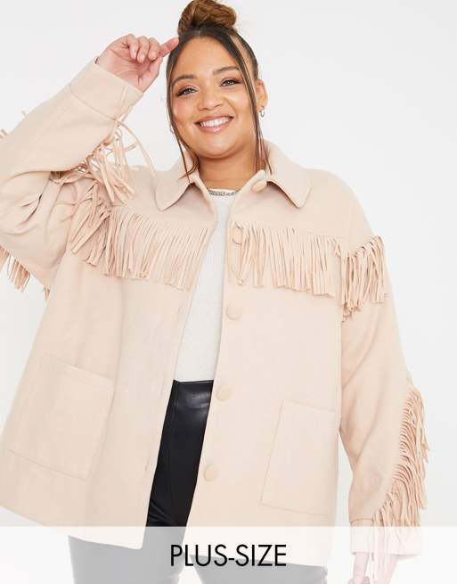 In The Style Plus x Megan Mckenna fringe jacket in camel