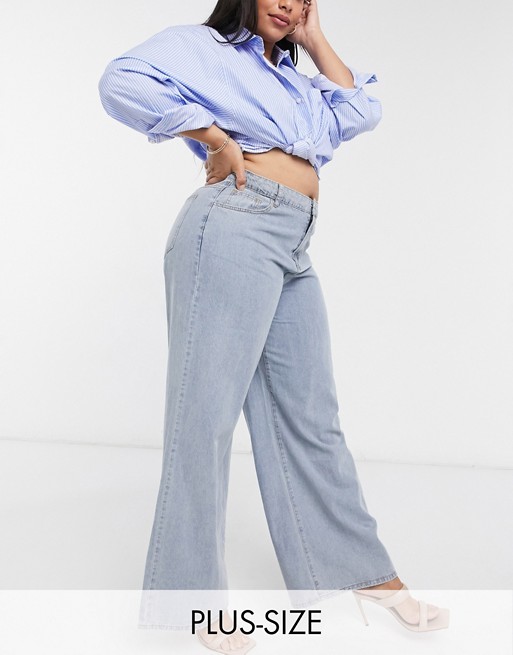 In The Style Plus x Megan Mckenna high waist wide leg jean in blue