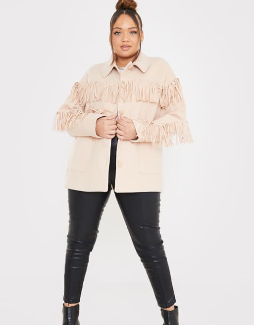 In The Style Plus X Megan Mckenna Jacke Mit Fransen In Camel Asos