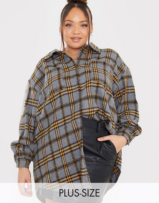In The Style Plus x Megan Mckenna oversized check shirt in grey multi