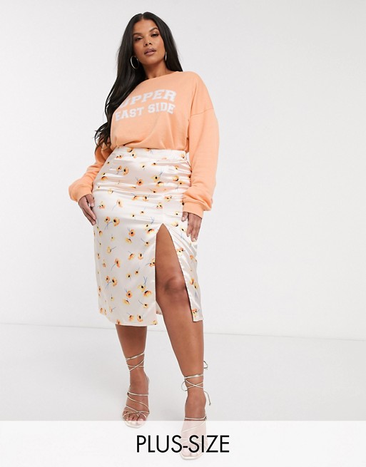 In The Style Plus x Meggan Grubb satin exclusive midi skirt in coral daisy print