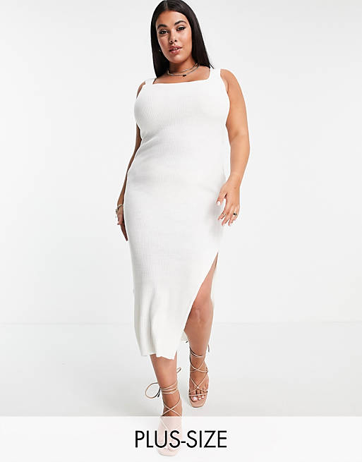 In The Style Plus midi dress with thigh split in cream