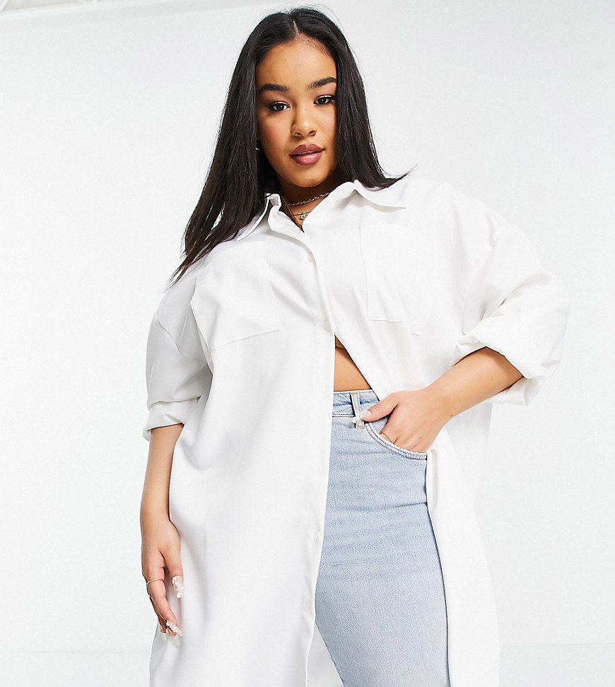 In The Style Plus x Naomi Genes pin stripe oversized shirt in white