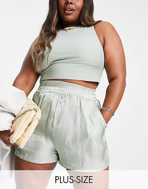 In The Style Plus satin boyfriend short co ord in sage