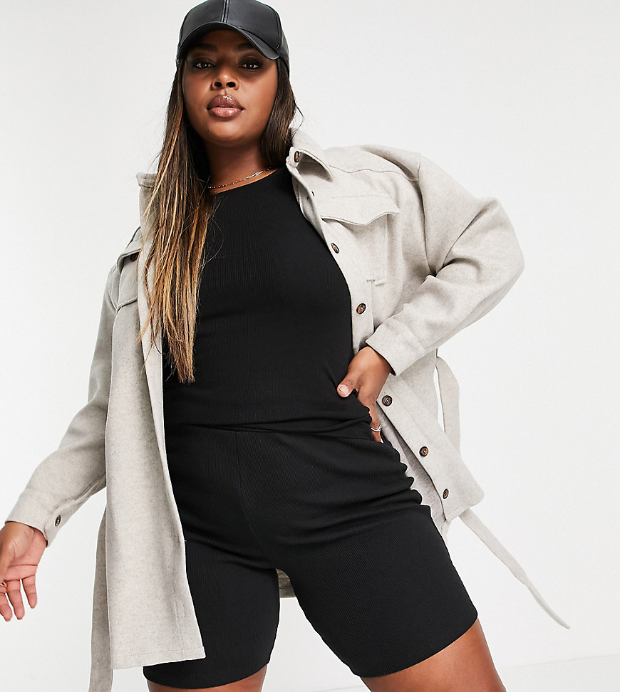 In The Style Plus x Naomi Genes utility oversized shirt dress with belt in gray-Grey