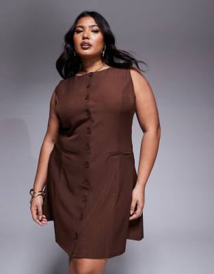 Plus x Natalya Wright exclusive tailored button down mini dress in chocolate-Brown