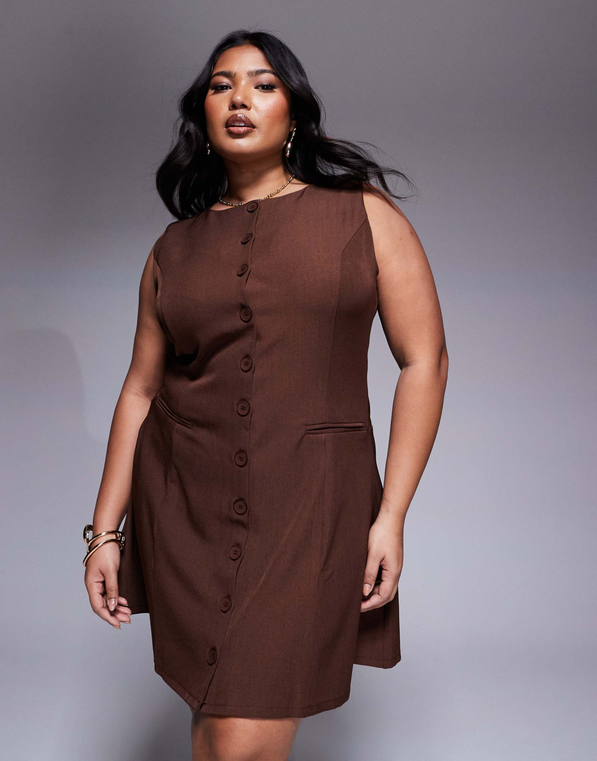 in the style plus x natalya wright exclusive tailored button down mini dress in chocolate