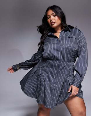 Plus x Natalya Wright exclusive tailored pleated mini shirt dress in charcoal pinstripe-Gray