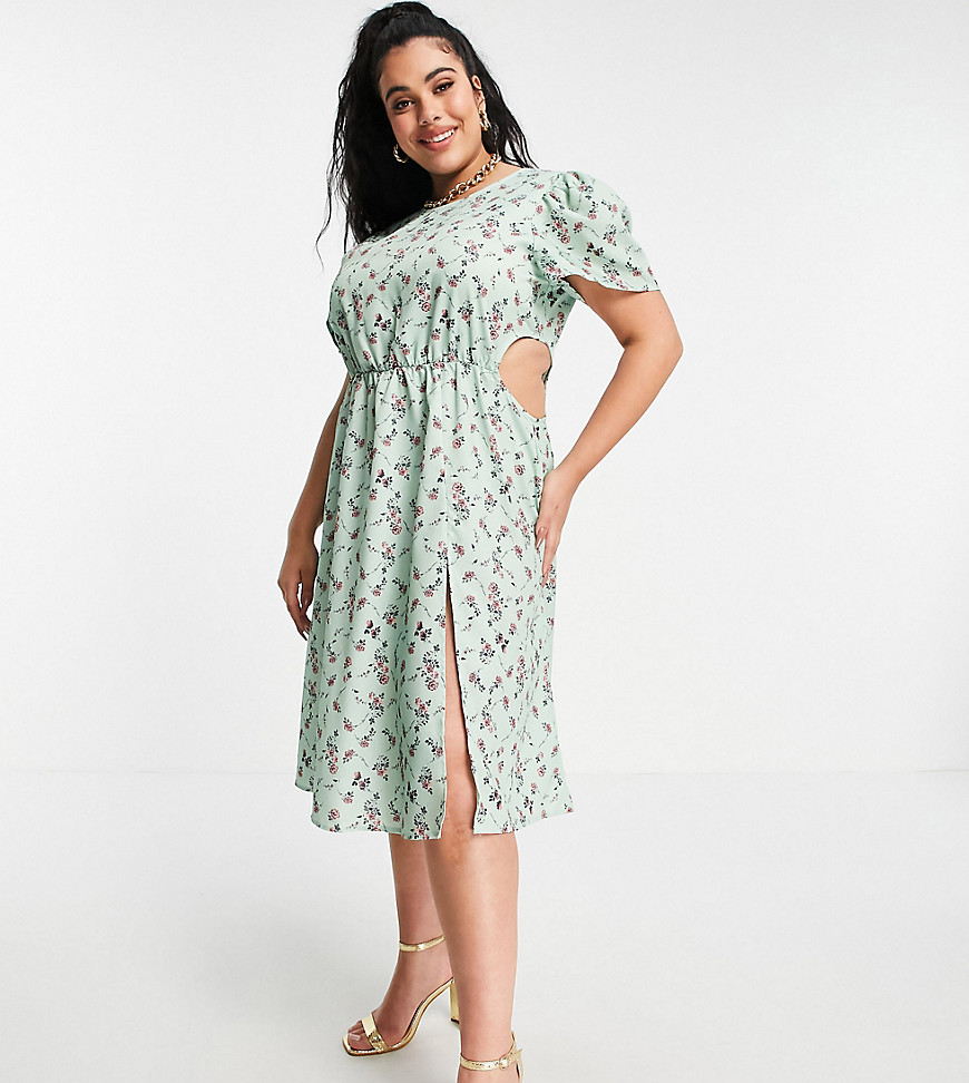 In The Style Plus x Olivia Bowen cut out side maxi dress with thigh split in sage floral print-Multi