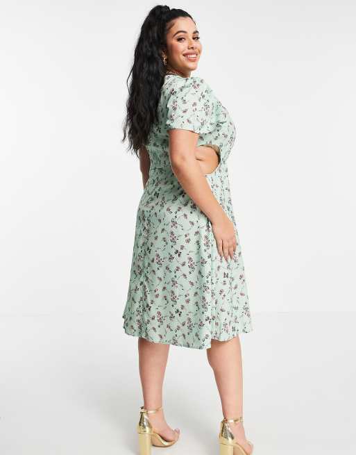 In The Style Plus x Olivia Bowen cut out side midi dress with thigh split in sage floral print, 2 of 4