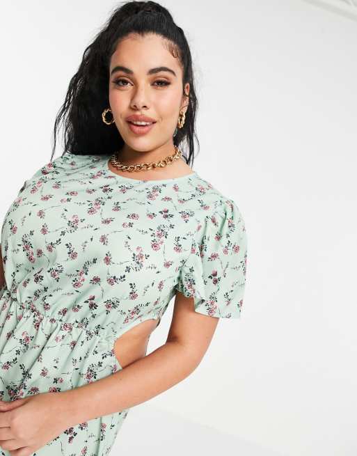 In The Style Plus x Olivia Bowen cut out side midi dress with thigh split in sage floral print, 3 of 4