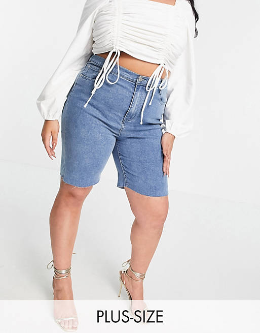 In The Style Plus x Olivia Bowen exclusive cut off denim longline shorts in blue