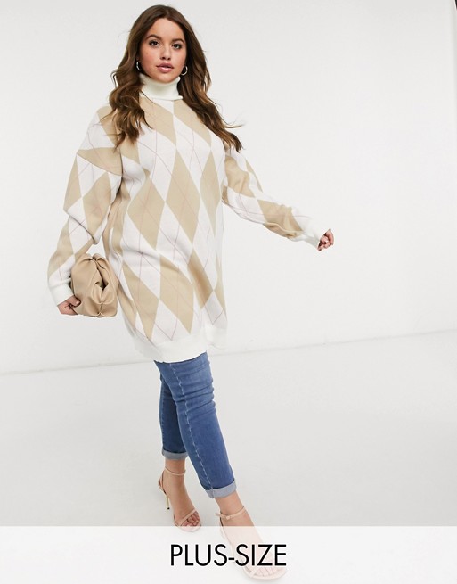In The Style Plus x Olivia Bowen high neck oversized knitted jumper in cream cross print