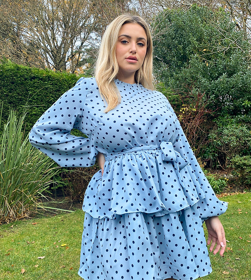 In The Style Plus x Olivia Bowen high neck skater dress with belt in blue polka dot print-Multi