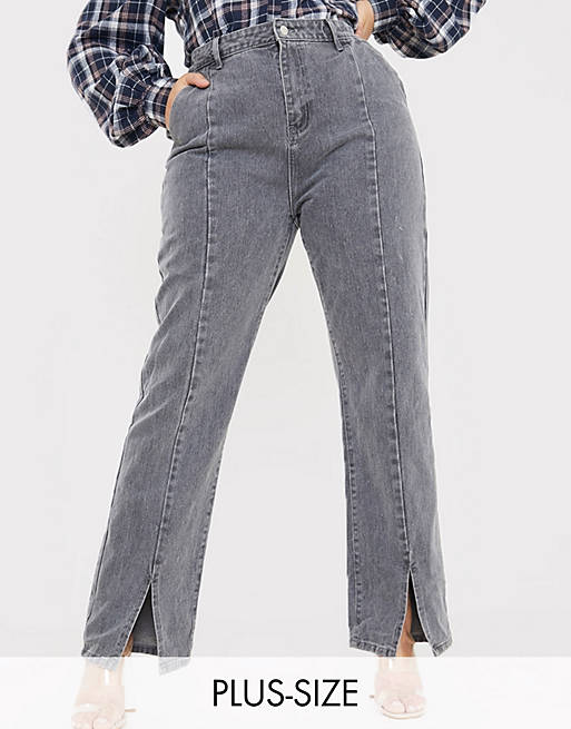 In The Style Plus x Olivia Bowen high waisted split front straight leg jean in grey