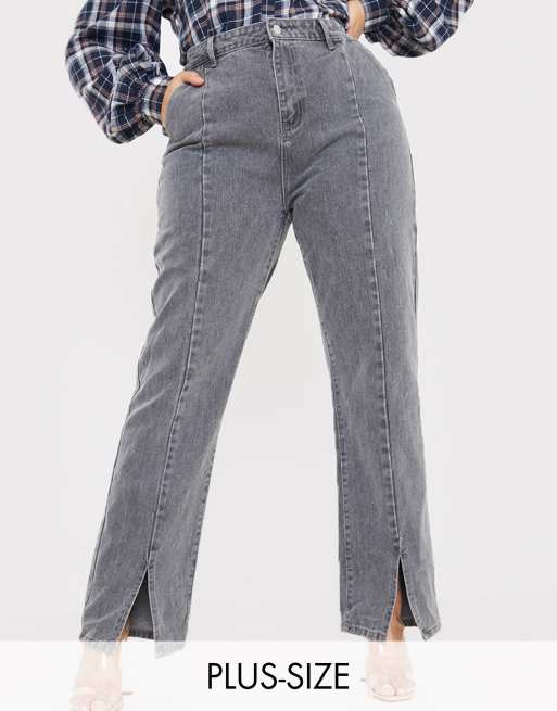 In The Style Plus x Olivia Bowen high waisted split front straight leg jeans in grey