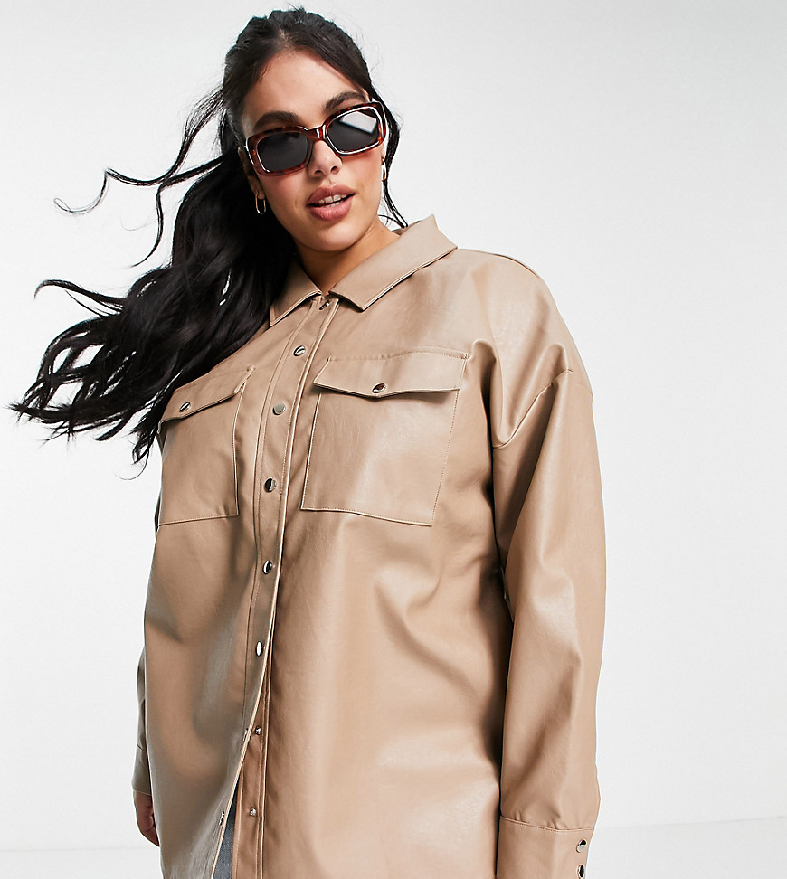 In The Style Plus x Olivia Bowen leather-look oversized shacket in stone-Neutral
