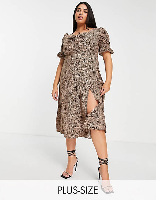 Women In The Style Plus x Olivia Bowen milkmaid maxi dress in brown leopard print 
