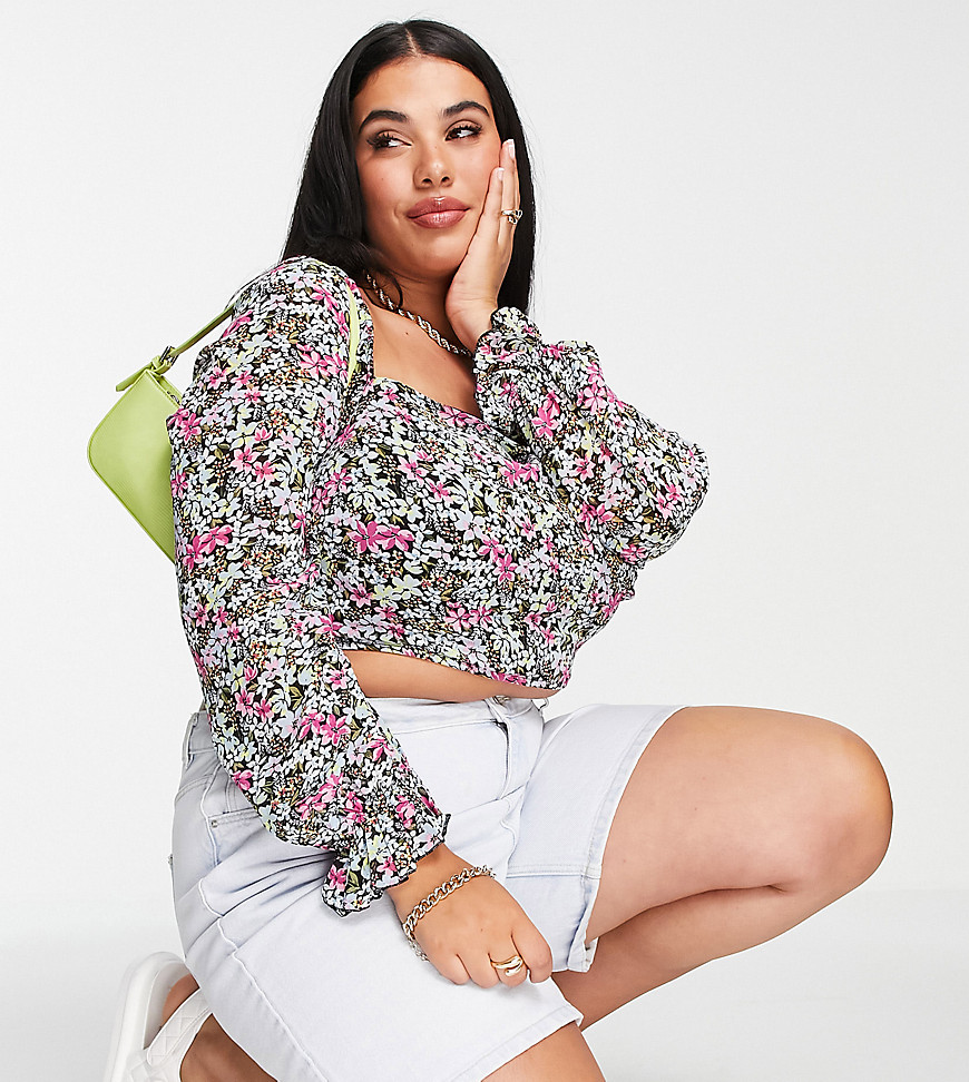 In The Style Plus x Olivia Bowen strappy back volume sleeve crop top in multi floral print