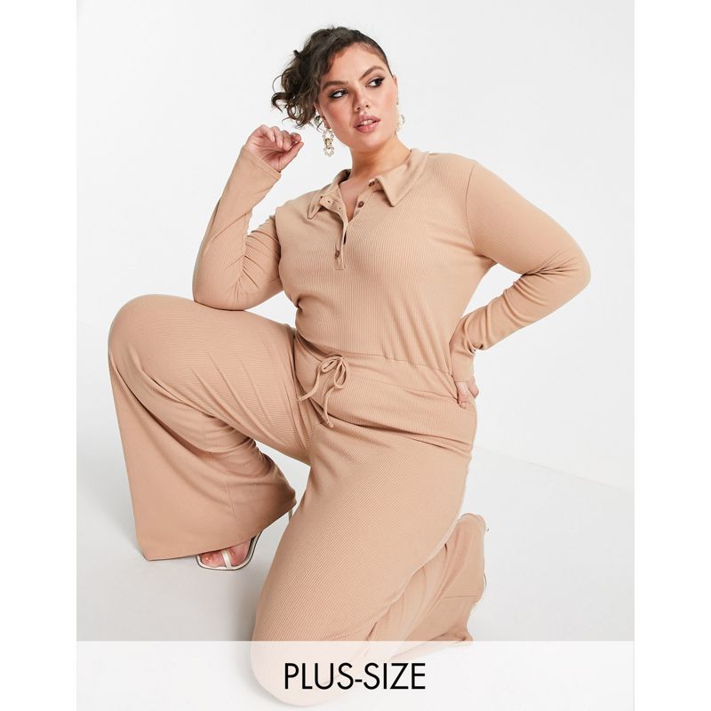 Donna ilDtP In The Style Plus x Olivia Bowen - Tuta jumpsuit a coste con dettaglio sul colletto beige