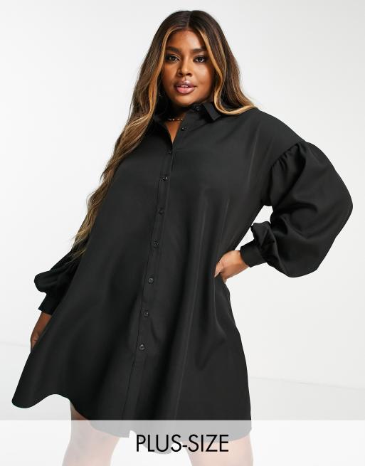 In The Style Plus x Perrie Sian – Ausgestelltes Hemdkleid in Schwarz mit Gürteldetail