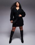 [In The Style Plus] In The Style Plus x Perrie Sian cable knit v neck diamante button mini dress in black 26-28 BLACK