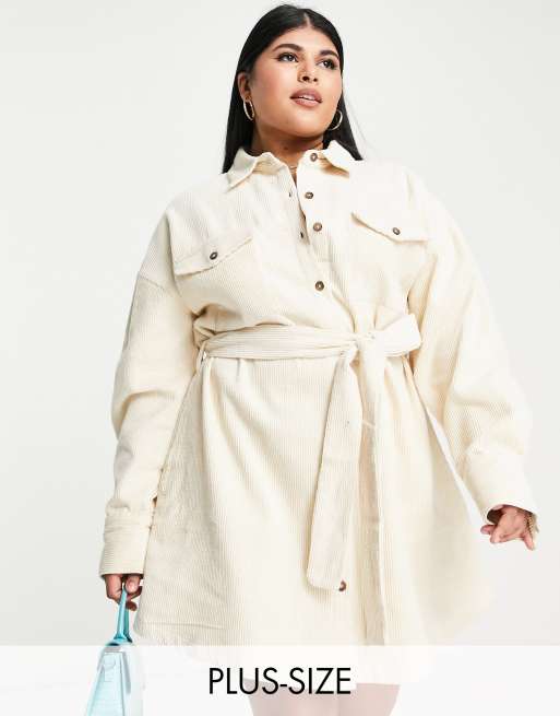 In The Style Plus x Perrie Sian corduroy belted shirt dress in cream