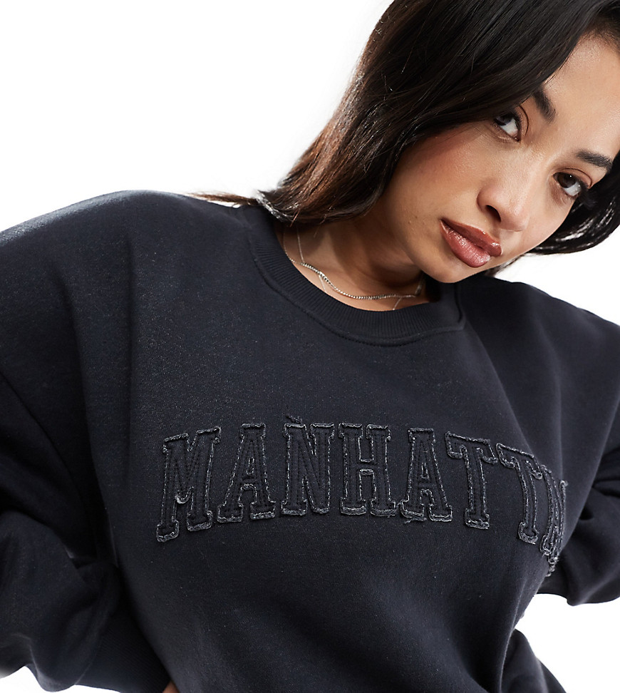 In The Style Plus x Perrie Sian distressed wash Manhattan logo sweatshirt in charcoal grey