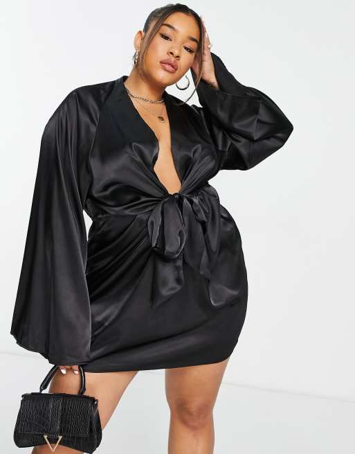 In The Style X Perrie Sian Exclusive Plunge Front Knot Detail Shirt Dress  In Black for Women