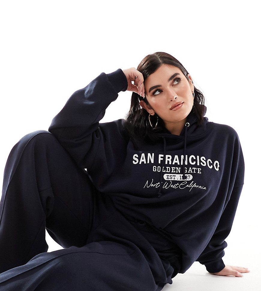 In The Style Plus x Perrie Sian exclusive San Francisco embroidered hoodie co-ord in navy