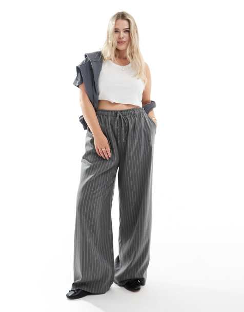 In The Style Plus x Perrie Sian exclusive wide leg drawstring trouser in grey pinstripe - view 1
