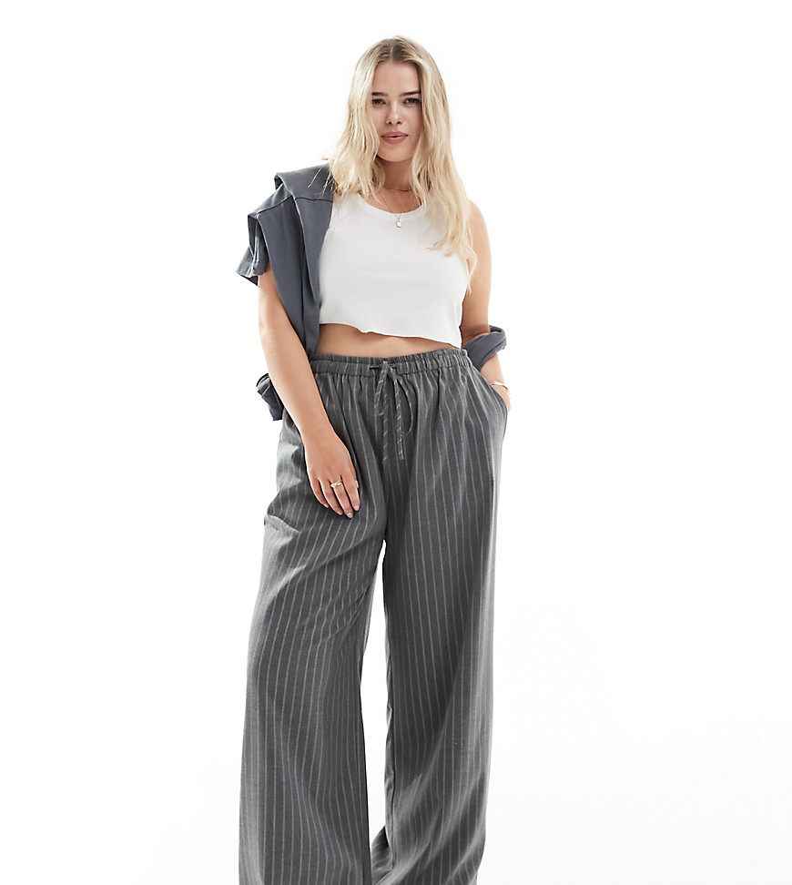 In The Style Plus x Perrie Sian exclusive wide leg drawstring trouser in grey pinstripe
