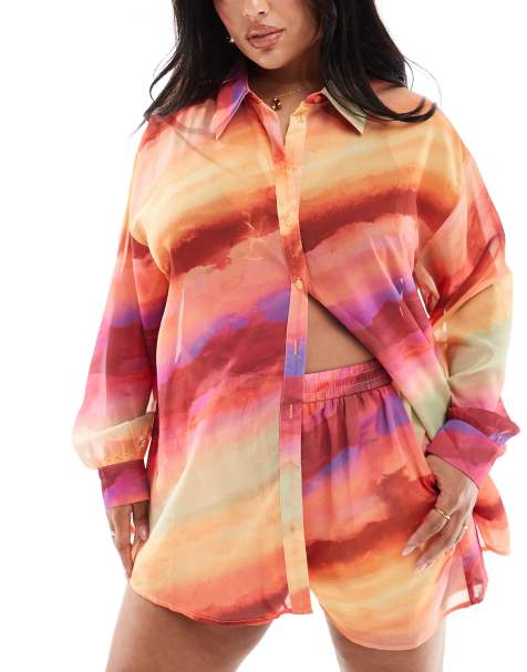 In The Style Plus x Perrie Sian – Exklusiv – Halbtransparentes Oversize-Strandhemd in Orange mit Farbverlauf, Kombiteil - view 1