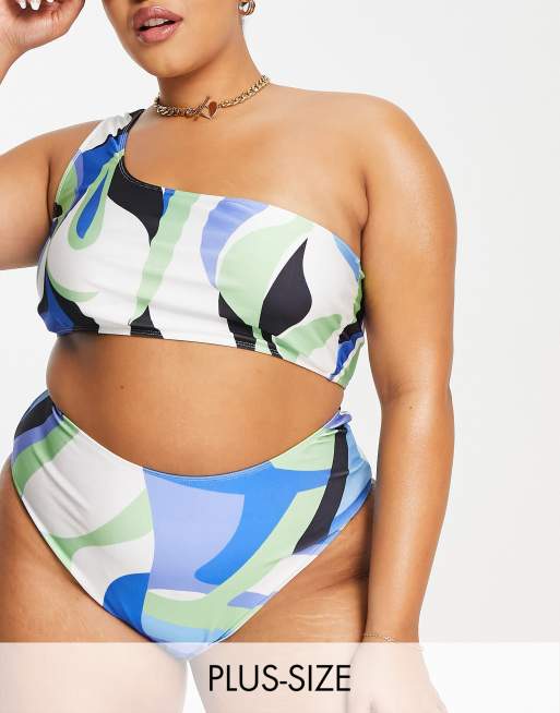 In The Style Plus x Perrie Sian high leg bikini bottom in blue swirl print