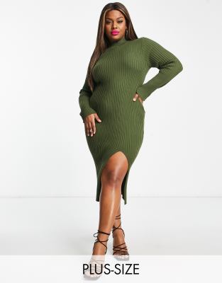 In The Style Plus x Perrie Sian knit high neck twist open back midi dress in olive-Green