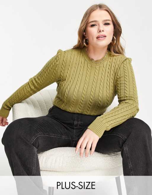 In The Style Plus x Perrie Sian long sleeve cable knitted body in khaki