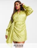 [In The Style Plus] In The Style Plus x Perrie Sian mini shirt dress with wrap detail in chartreuse animal print-Multi 24 LEOPARD