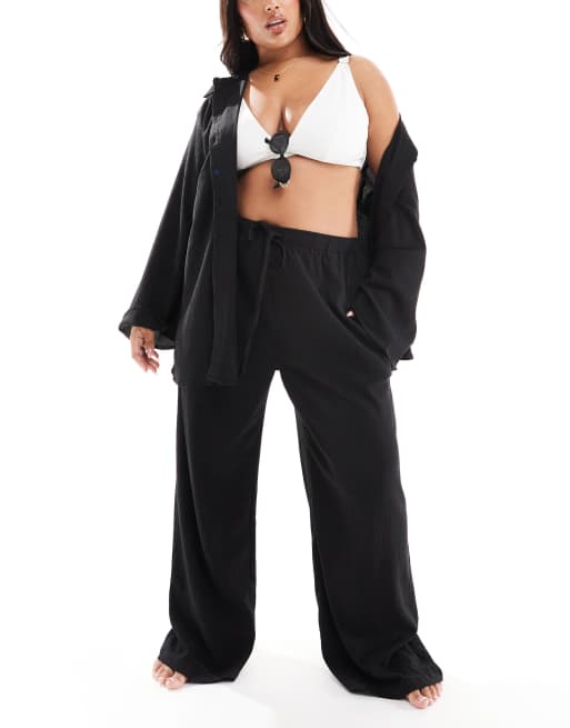 In The Style Plus x Perrie Sian - Pantaloni da mare a fondo ampio neri testurizzati con coulisse