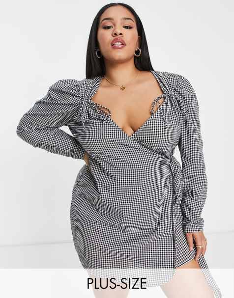 In The Style Plus x Perrie Sian puff shoulder detail asymmetric tie side mini dress in gingham print