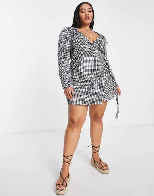 In The Style Plus x Perrie Sian puff shoulder detail asymmetric tie side mini dress in gingham print, 3 of 4