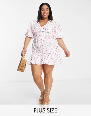 In The Style Plus In The Style Plus x Perrie Sian puff sleeve frill wrap detail mini dress in white ditsy print-Multi